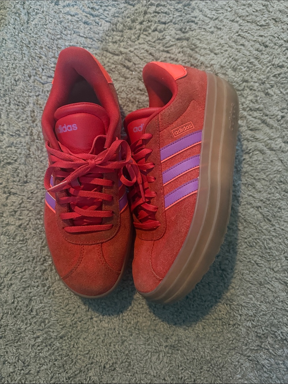adidas Women's Red Suede Platform Sneakers with Purple Stripes